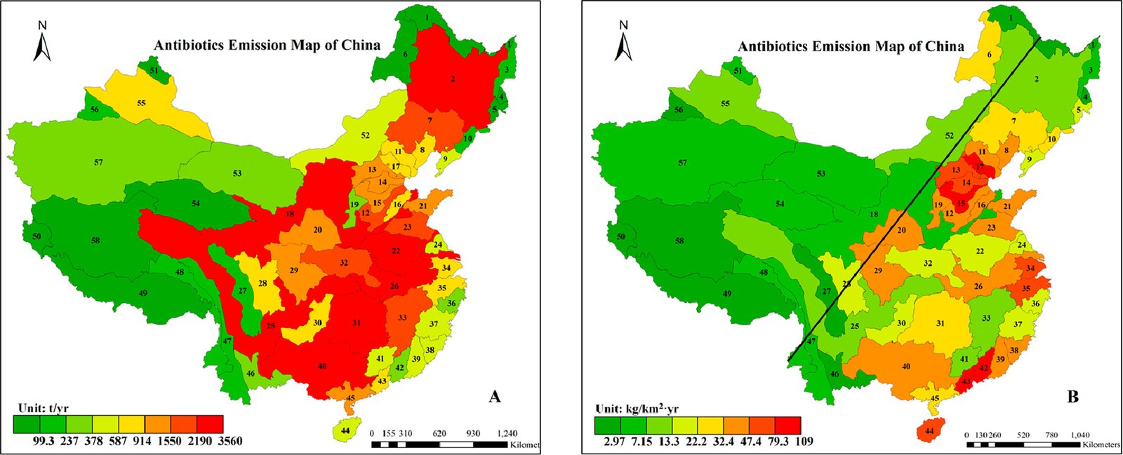 中国抗生素排放分布图